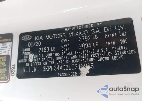 2020 Kia Forte Gt-Line z USA, uszkodzony, nr VIN 3KPF34AD3LE213966